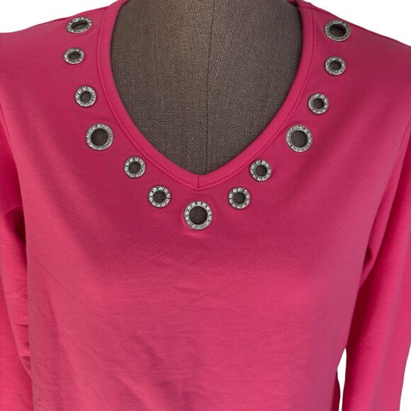 Quacker Factory Tops - NEW Quacker Factory Top Women's Size Small Pink Grommets Rhinestones 3/4 Sleeve